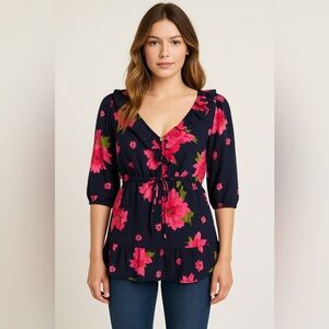 Juicy couture floral print blouse with ruffle and gold button detailing